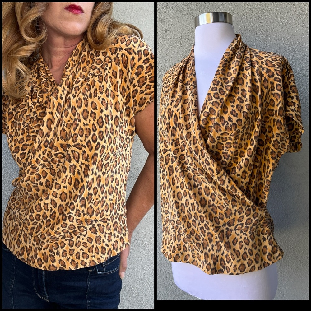 Vintage Brett Harrison Leopard Print Silk Wrap Blouse Sz 6